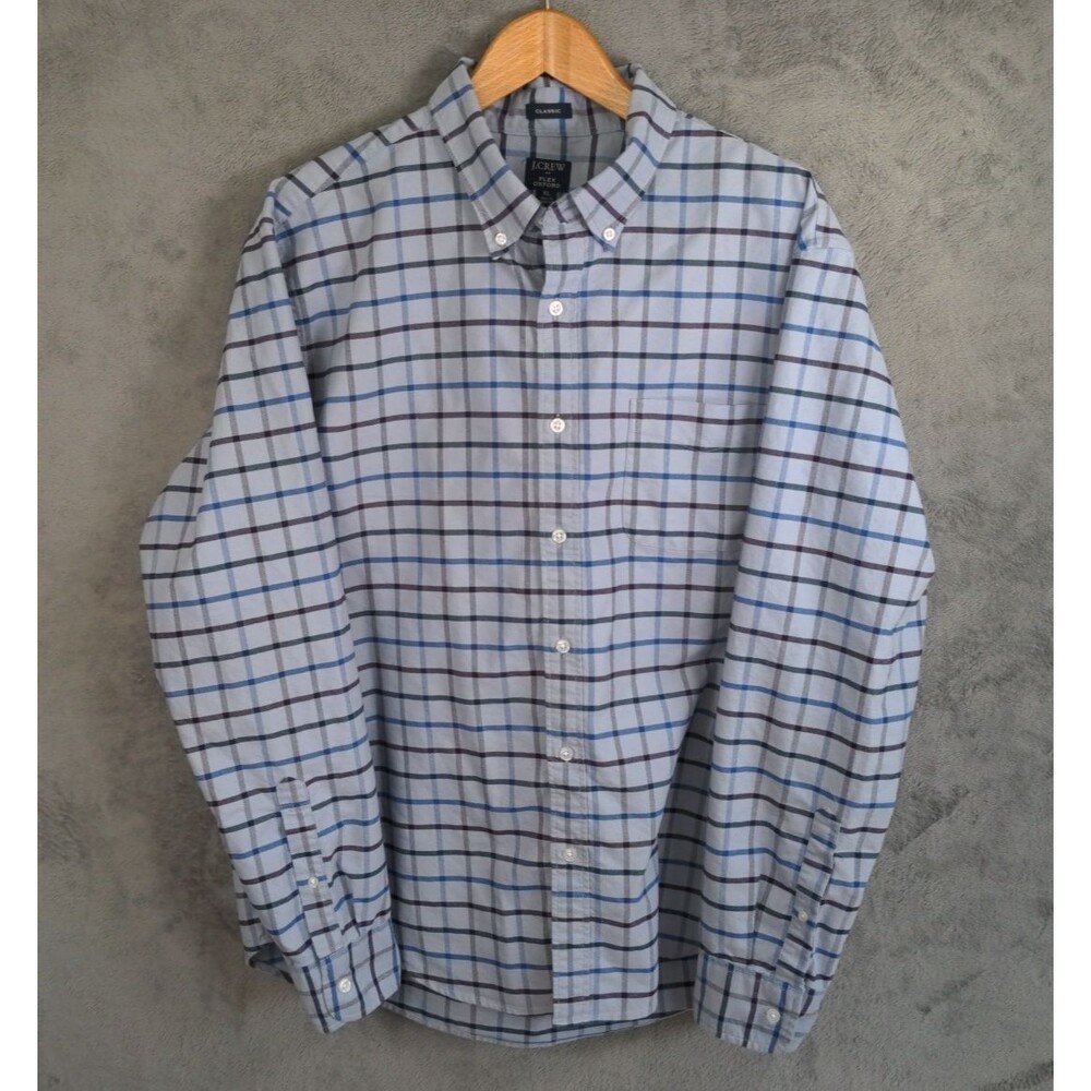 J Crew Flex Oxford Shirt XL Classic Fit Blue Plaid Long Sleeve Soft Button Down